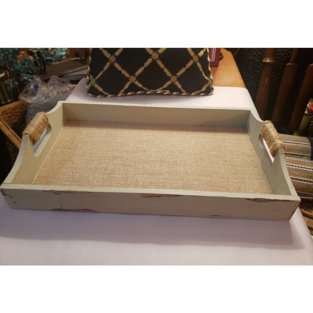 Wood Distressed Tray With Burlap Bottom